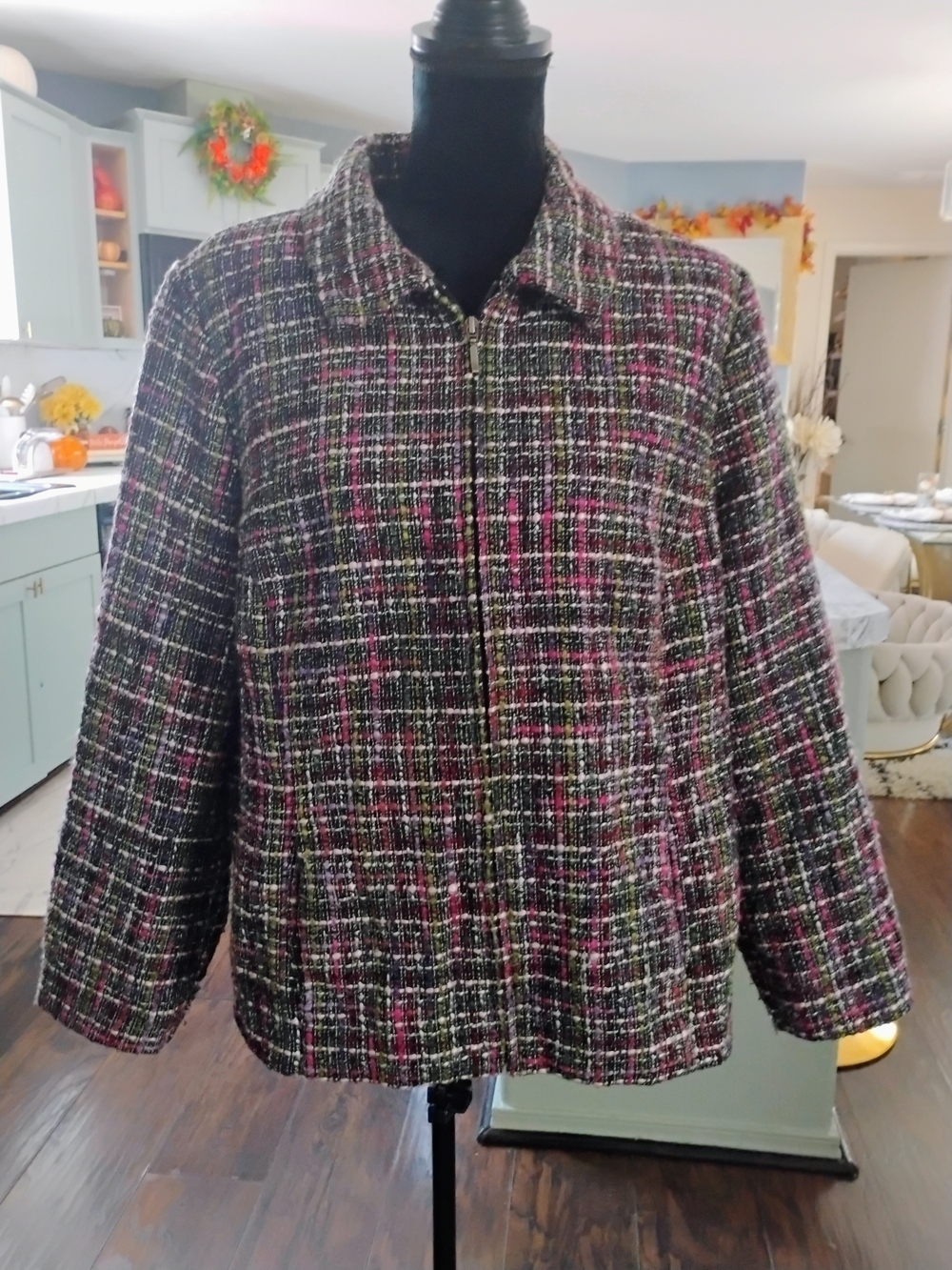 CJ Banks Black and Pink Tweed Zip-Front Jacket